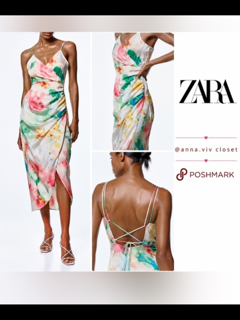 ZARA Watercolor Wrap Midi Dress in Pink, Green & Yellow